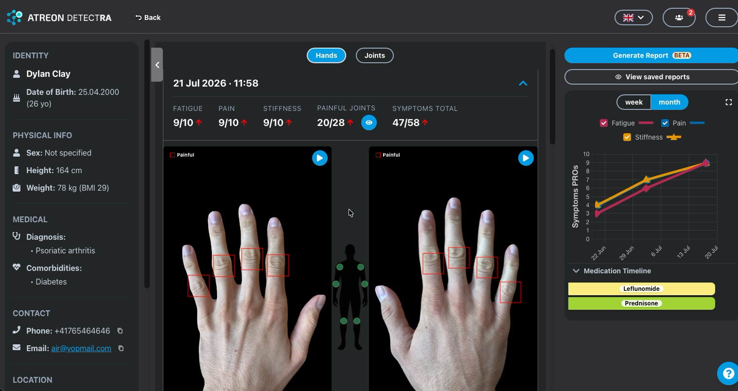 Joyn clinician dashboard patient view with reported symptoms, standardised hand images, symptom trend and medication timeline