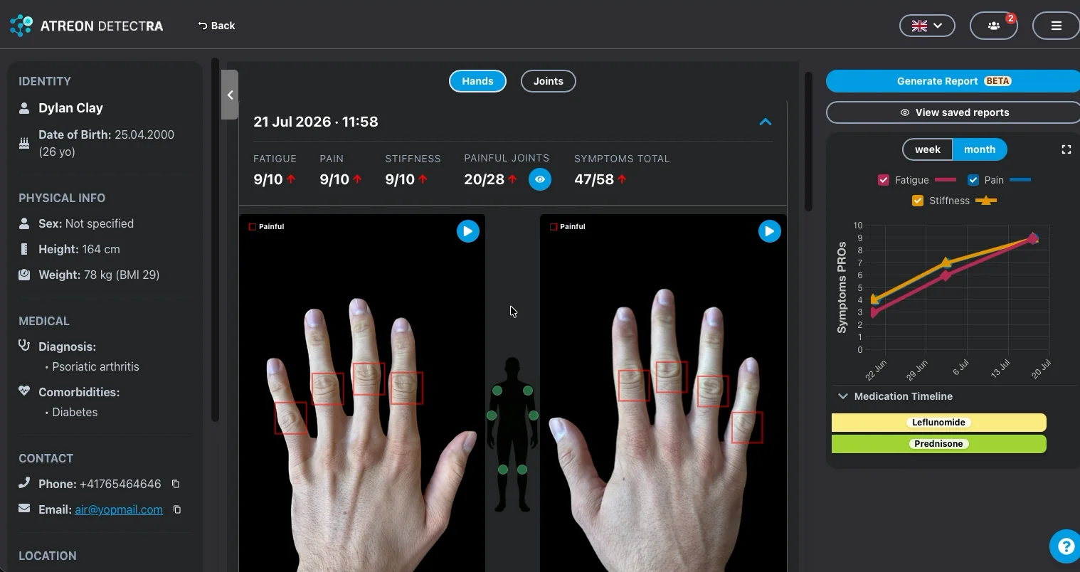 JOYN clinician dashboard patient view with reported symptoms, standardised hand images, symptom trend and medication timeline